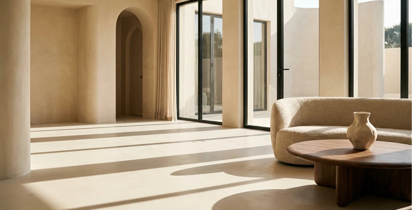 An open, sunlit room in cream plaster with an arched doorway, a curved bouclé sofa and a round wooden table
