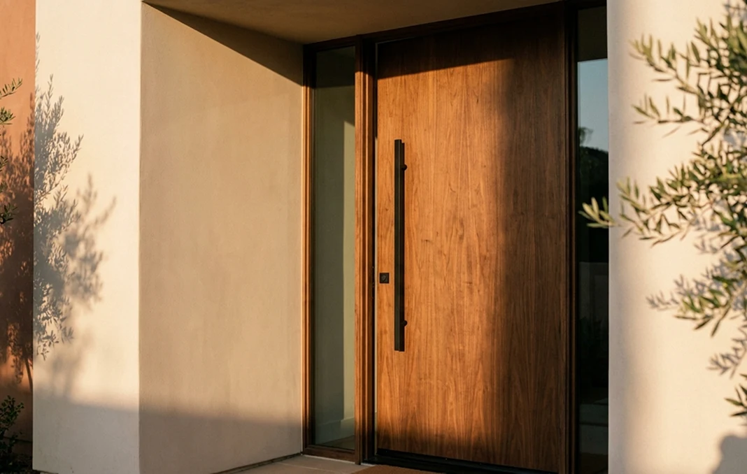 A walnut front door in a plaster entryway at golden hour, framed by olive branches