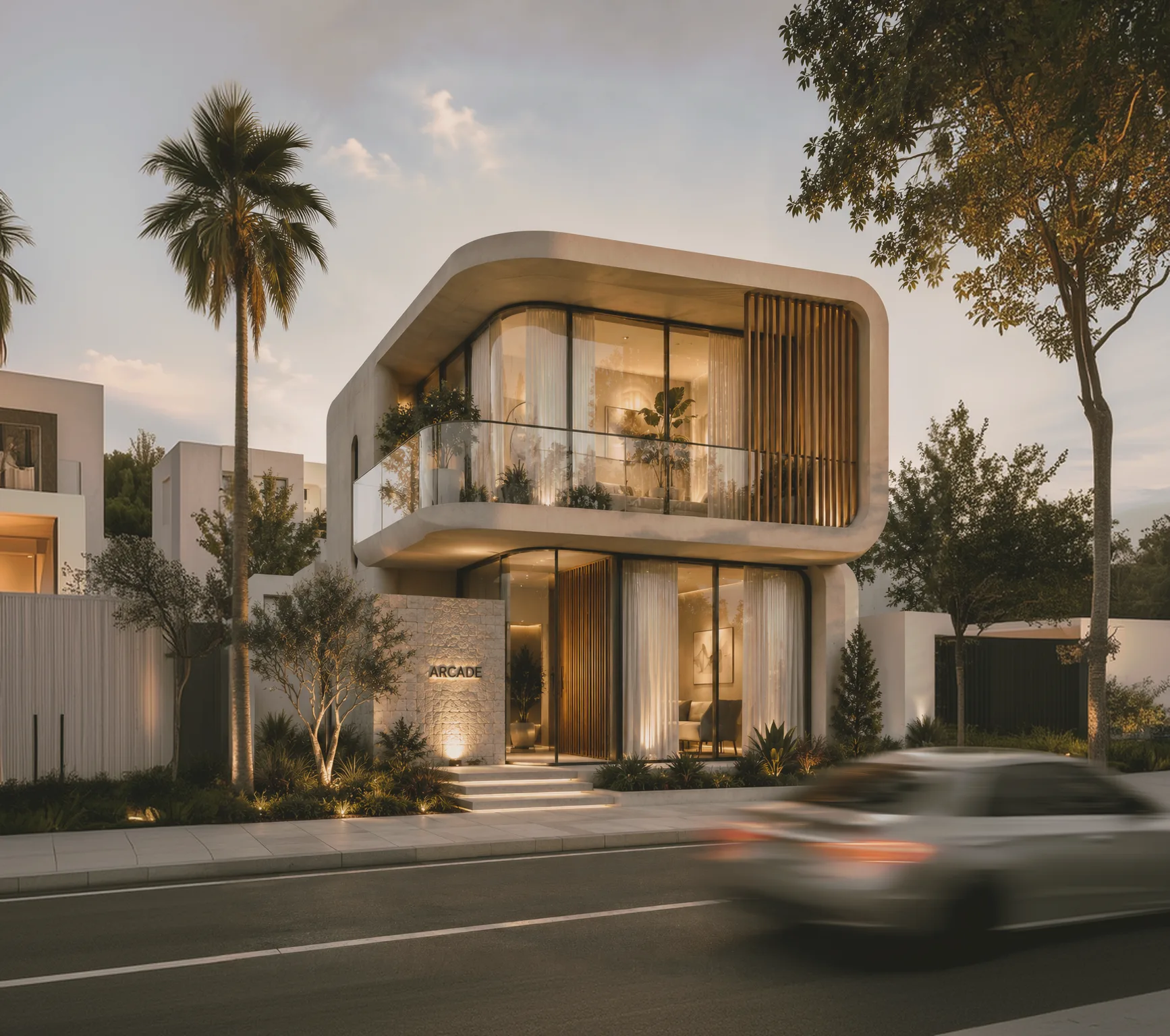 A curved, timber-screened contemporary house lit from within at dusk, seen from the street