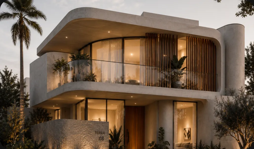 A curved modern villa among palm trees, its interiors glowing at dusk