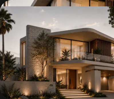 A stone-clad house entrance with lit steps and planting at dusk